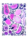 Tropical fruits poster with watermelon, banana, orange, lemon, berries pop art doodles