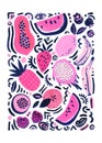 Tropical fruits poster with watermelon, banana, orange, lemon, berries pop art doodles