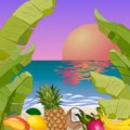 Tropical fruits and sea in illustration.