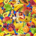 Tropical fruits seamless pattern, falling exotic fruits isolated on blue background