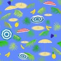 Tropical fruits, seascape with palm leaves and beach umbrellas. Seamless pattern.