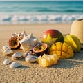 Tropical Fruits and Seashells on Beach Royalty Free Stock Photo
