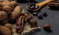 Tropical fruits, Tamarindo beans in shell on a brown butchers block on a dark background, healthy fruit. banner, menu, recipe Royalty Free Stock Photo
