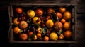 Tropical fruits in a wooden box: mango, dragon fruit, lime,