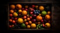 Tropical fruits in a wooden box: mango, dragon fruit, lime,