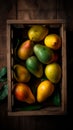 Tropical fruits in a wooden box: mango, dragon fruit, lime,