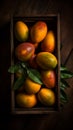 Tropical fruits in a wooden box: mango, dragon fruit, lime,