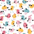 Tropical funny birds seamless pattern. Vector colorful parrots in simple flat hand-drawn cartoon style. Perfect for baby textile,