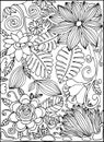 Black and white thin line hand drawn postcard with tropic flowers, jungle, palm leaves