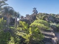 Tropical garden with cacti, palm trees and stones at Mirador Cesar Manrique, viewpoint over Valle Gran Rey. La Gomera