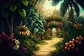 Tropical garden with flowers and secret path. Generative AI