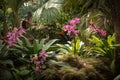 tropical garden with hummingbird, orchid, and dragonfly