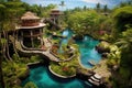 Tropical garden with pond and waterfall,3d render, Exotic oasis in bali, a tropical swimming pool, nestled amidst the breathtaking Royalty Free Stock Photo