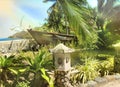 Tropical garden, seashore, decorative boat, small pond, toned. partial selective blur.