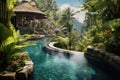 Tropical garden with swimming pool and palm trees, Bali island, Indonesia, Exotic oasis in bali, a tropical swimming pool, nestled Royalty Free Stock Photo