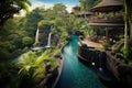 Tropical garden with waterfall in the jungle of Bali, Indonesia, Exotic oasis in Bali, featuring a tropical swimming pool nestled Royalty Free Stock Photo