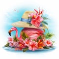 Tropical Getaway: A floppy beach hat featuring tropical flowers, palm trees, and flamingos Royalty Free Stock Photo