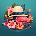 Tropical Getaway: A floppy beach hat featuring tropical flowers, palm trees, and flamingos