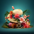 Tropical Getaway: A floppy beach hat featuring tropical flowers, palm trees, and flamingos Royalty Free Stock Photo