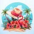 Tropical Getaway: A floppy beach hat featuring tropical flowers, palm trees, and flamingos Royalty Free Stock Photo