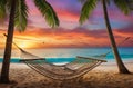 Tropical Getaway. Hammock Hanging Between Palm Trees on Secluded Beach at Sunset