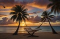Tropical Getaway. Hammock Hanging Between Palm Trees on Secluded Beach at Sunset Royalty Free Stock Photo