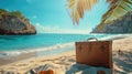 Tropical Getaway: Suitcase on Sandy Beach with Sunny Sea and Palm Leaves Royalty Free Stock Photo