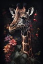 tropical giraffe among roses and palm
