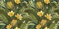 Tropical gold flowers and leaves background. Protea, lilies, butterflies, palm leaves.