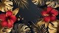 A tropical gold leaf on dark black background modern, with a jungle creeper plant stem, an exotic red flower and golden Royalty Free Stock Photo