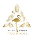 Tropical golden triangular emblem. Exotic logo with flamingos and palm leaves.