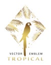 Tropical golden triangular emblem. Exotic logo with flamingos and palm leaves