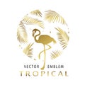 Tropical golden triangular emblem. Exotic logo with flamingos and palm leaves.