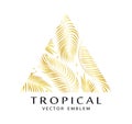 Tropical golden triangular emblem with palm leaves. Exotic logo with golden texture.