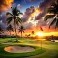 Tropical golf course with sand bunker and palm trees at sunset Royalty Free Stock Photo