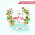 Tropical Graphic Design with Flamingo and Tropical Flowers Royalty Free Stock Photo
