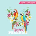 Tropical Graphic Design. Parrot Bird and Tropical Flowers. T-shirt