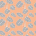 Tropical gray calathea leaves white outline drawing seamless pattern. Pink pastel background.