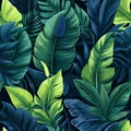 tropical green leaves on navy blue paper acrylic painted seamless pattern