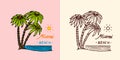 Tropical green palm emblem. Surfing sign. Summer Surf. Miami Beach. Vintage Engraved emblem hand drawn. Retro poster or