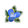 Tropical green palm leaves with 50% discount and blue abstract shape. Sale banner template design. Sale special offer. Special Royalty Free Stock Photo