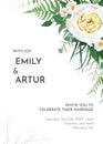 Tropical greenery floral wedding invite, save the date card template. Green fern leaves, tender eucalyptus, light yellow roses and Royalty Free Stock Photo