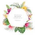 Tropical greenery frame with exotic palm leaves, bright hot pink exotic flowers, colorful floral, monstera