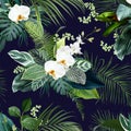 Tropical greenery print with exotic palm leaves, white orchid, monstera. Botanical emerald pattern