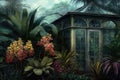 tropical greenhouse with topiaries, orchids and bromeliads