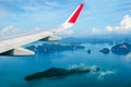 Tropical group of islands in Thailand as seen on window through window of an aicraft. Top view