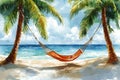 Tropical hammock between palm trees on sandy beach Royalty Free Stock Photo