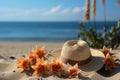 Tropical hat flip flops starfish and starfruit delight, summer season nature image Royalty Free Stock Photo
