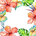 Tropical Hawaii leaves palm tree frame in a watercolor style. Royalty Free Stock Photo