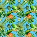 Tropical Hawaii leaves palm tree and kiwano pattern in a watercolor style.